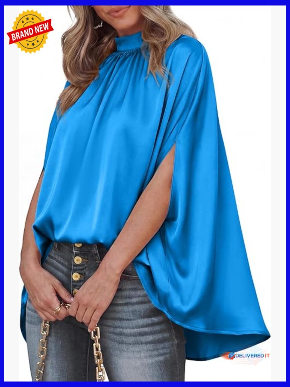 Mock Neck Batwing Sleeve Blouse Silk Satin Oversized Top